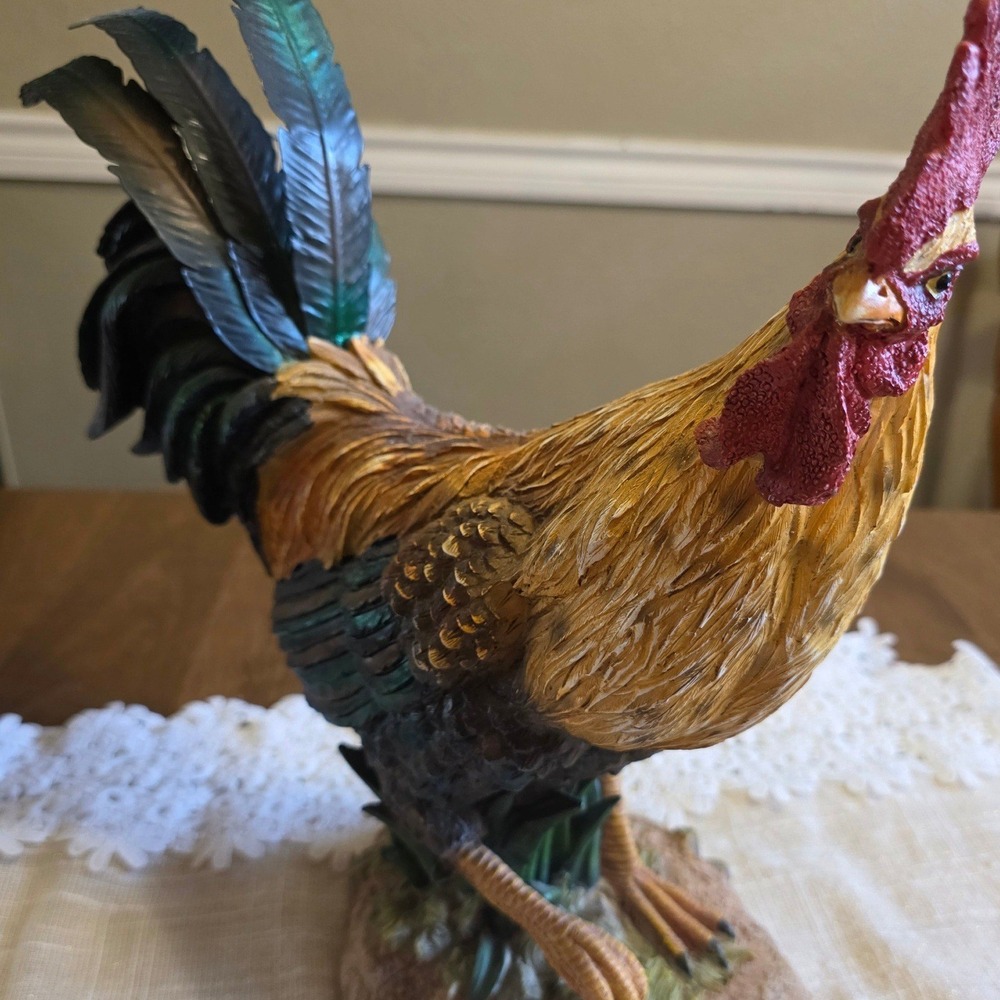 Vintage Farmhouse Resin Rooster Figurine Iridescent Tail Feathers 13 Inch Tall
